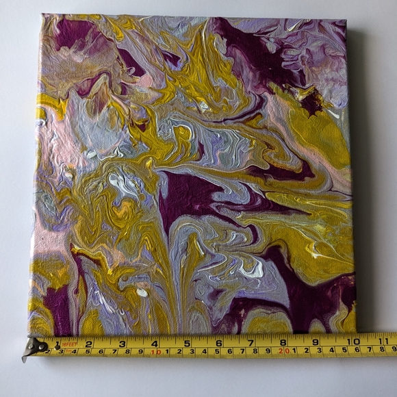 Hand Crafted Acrylic Pour Painting Yellow and Purple 10x10 - Picture 7 of 7